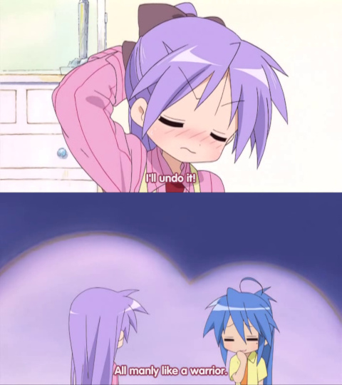 [Lucky Star, Episode 3:  Konata teases Kagami about her ponytail making her look masculine]