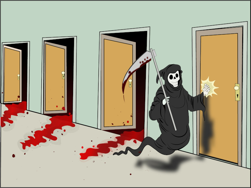 Internet meme image:  Death knocking on doors